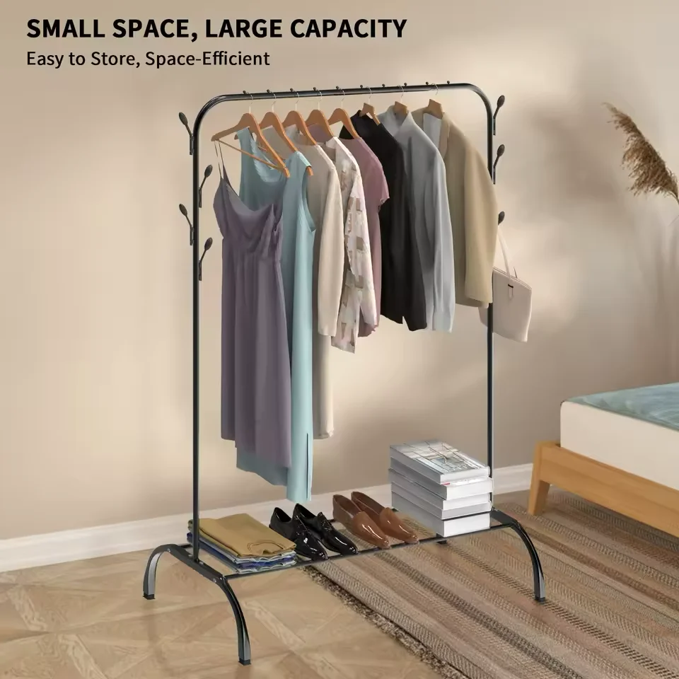 A black metal clothes rail in a bedroom
