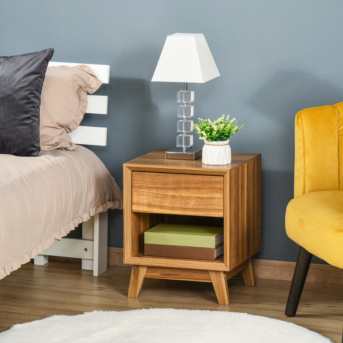 Bedside Table with Drawer and Shelf styled beside a bed in a warm, calm bedroom