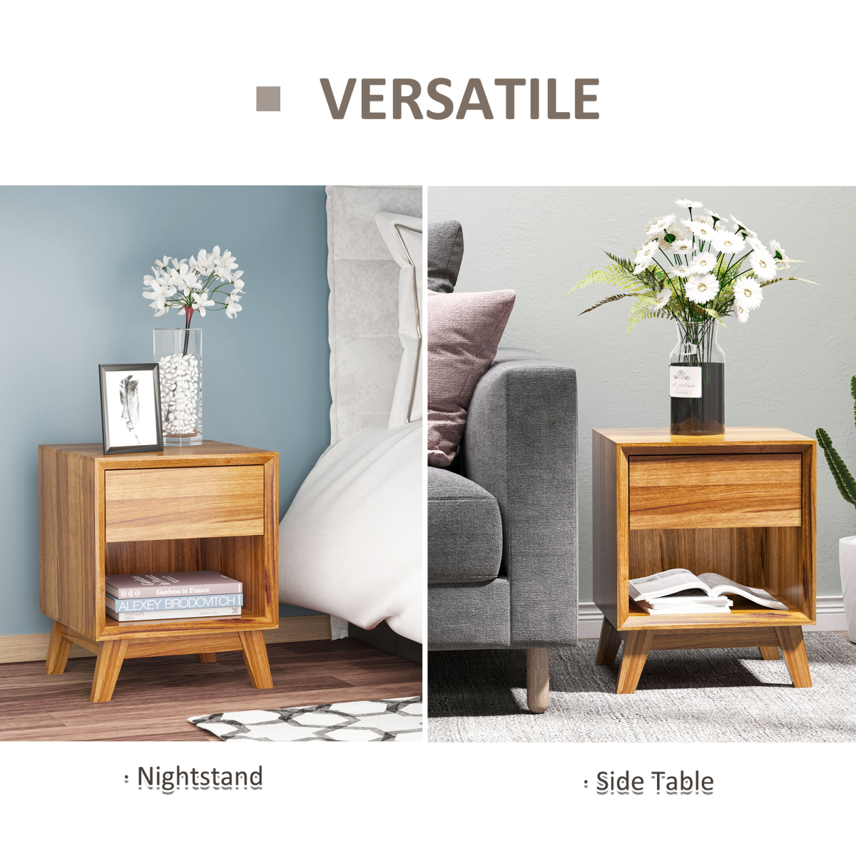 Bedside Table with Drawer and Shelf shown as both a nightstand and a side table