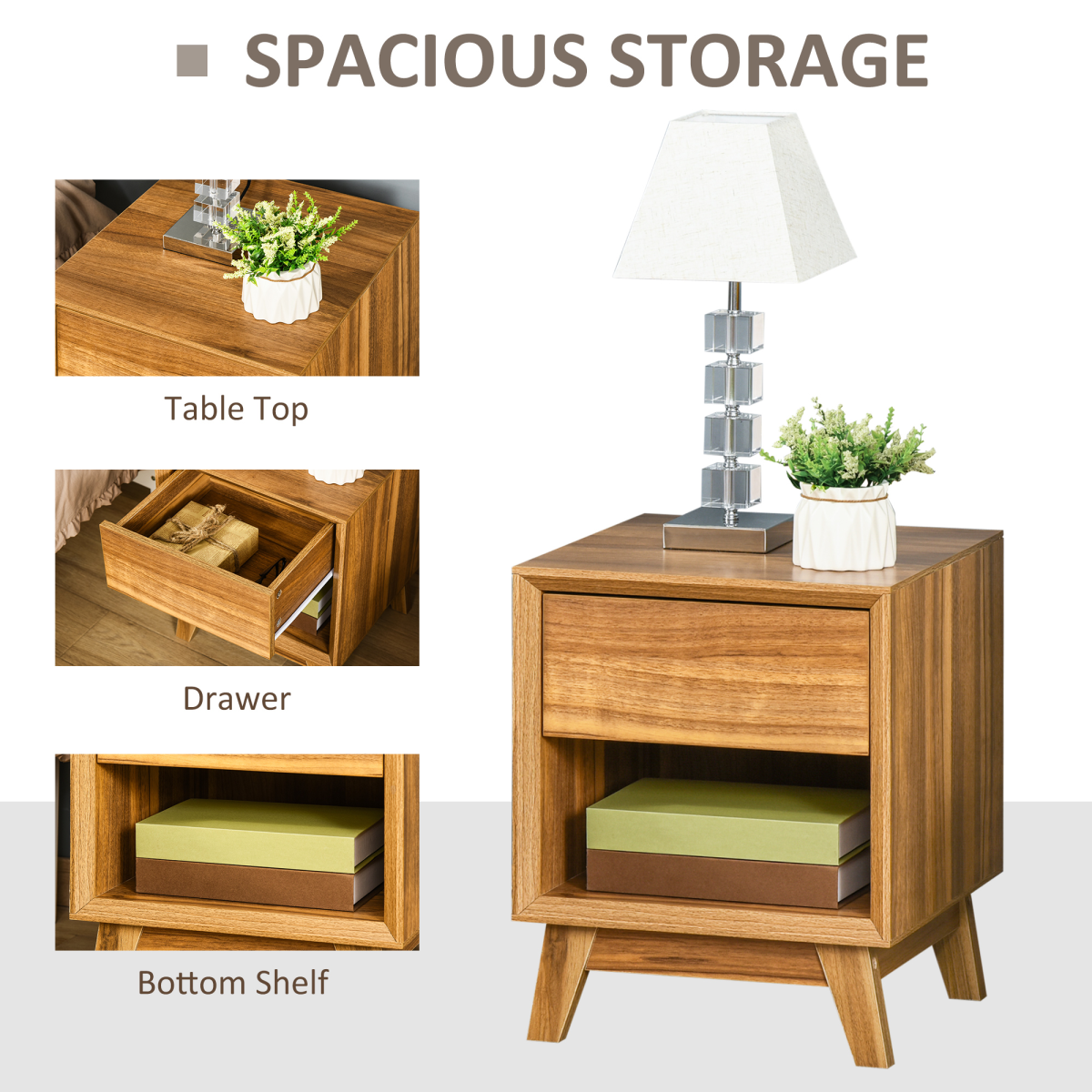 Bedside Table with Drawer and Shelf storage detail — table top, drawer, and bottom shelf