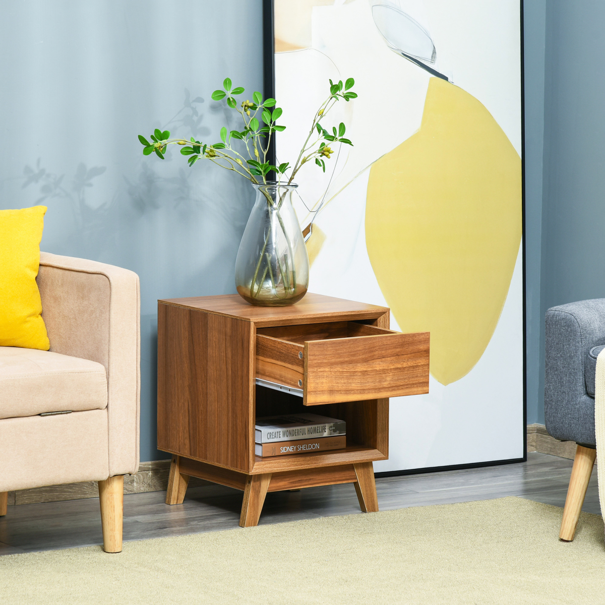 Bedside Table with Drawer and Shelf styled in a living room beside a sofa