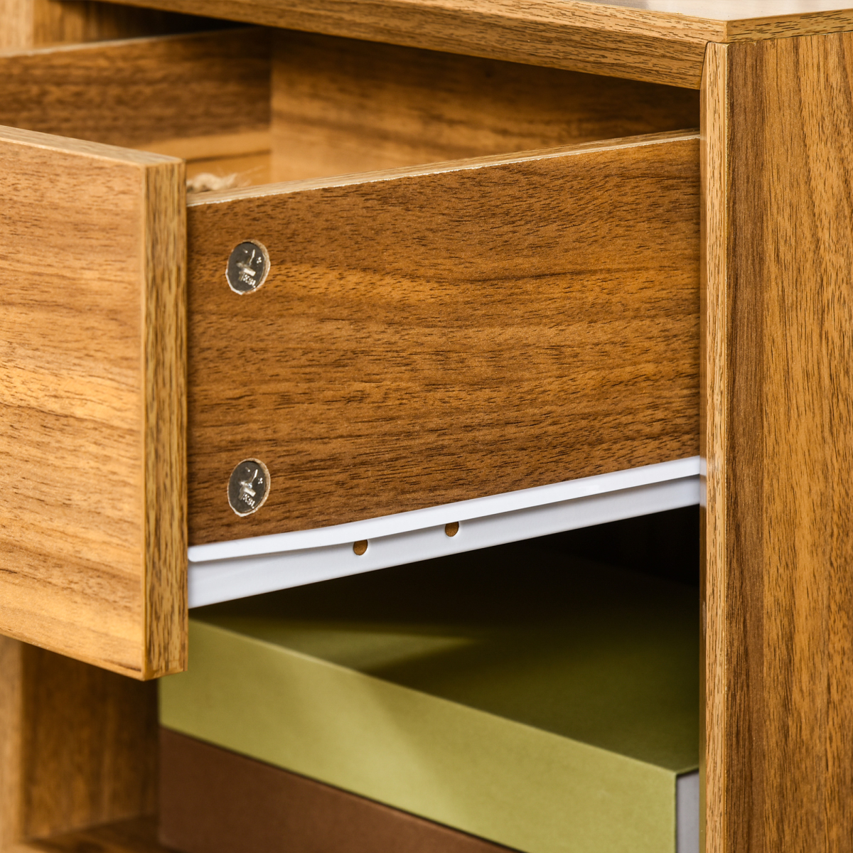 Bedside Table with Drawer and Shelf close-up of the drawer joinery and hardware
