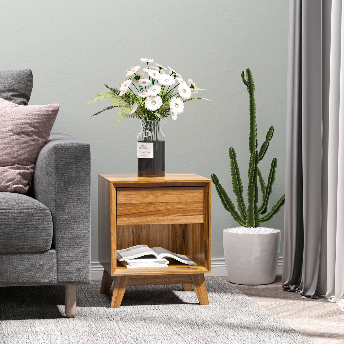 Bedside Table with Drawer and Shelf styled in a living room with plants and soft furnishings