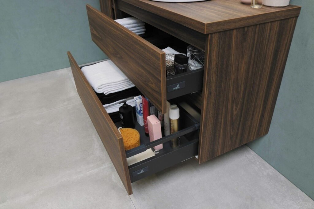 brown wooden Bathroom Organisation cabinet with drawer